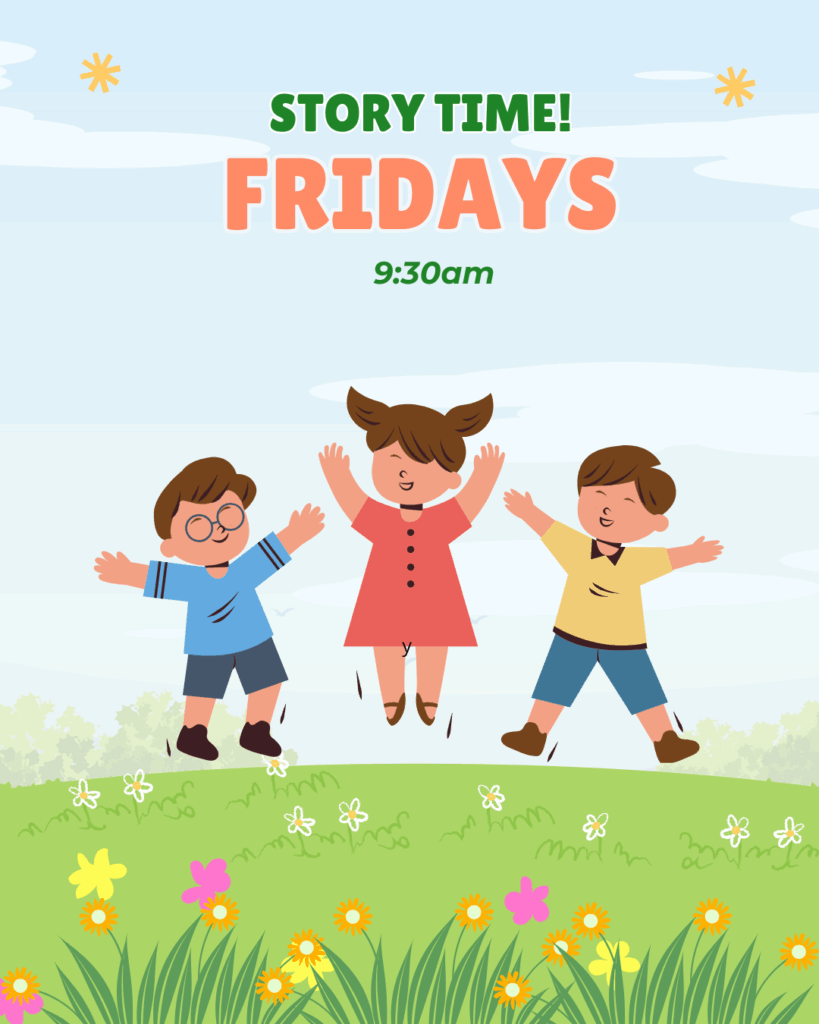 Story time! Fridays 9:30am.

Image is of children cheering joyfully in a springtime meadow.